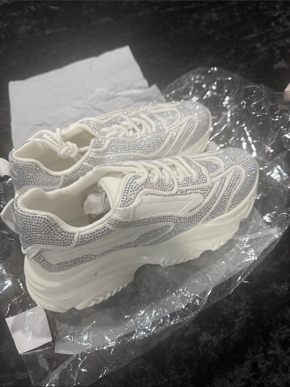 White Rhinestone Platform Sneakers for Women